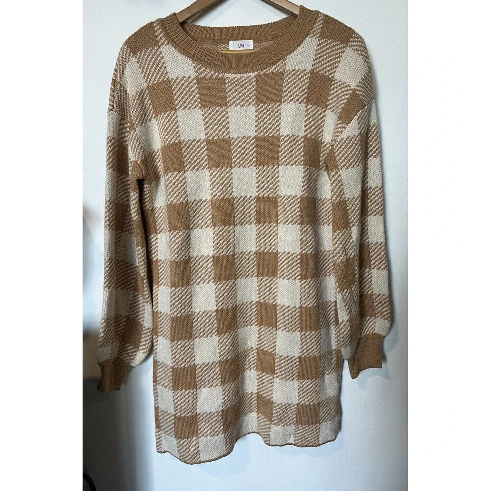 LPA Tan Floyd Checkered Sweater Mini Dress Size XS - Picture 3 of 11
